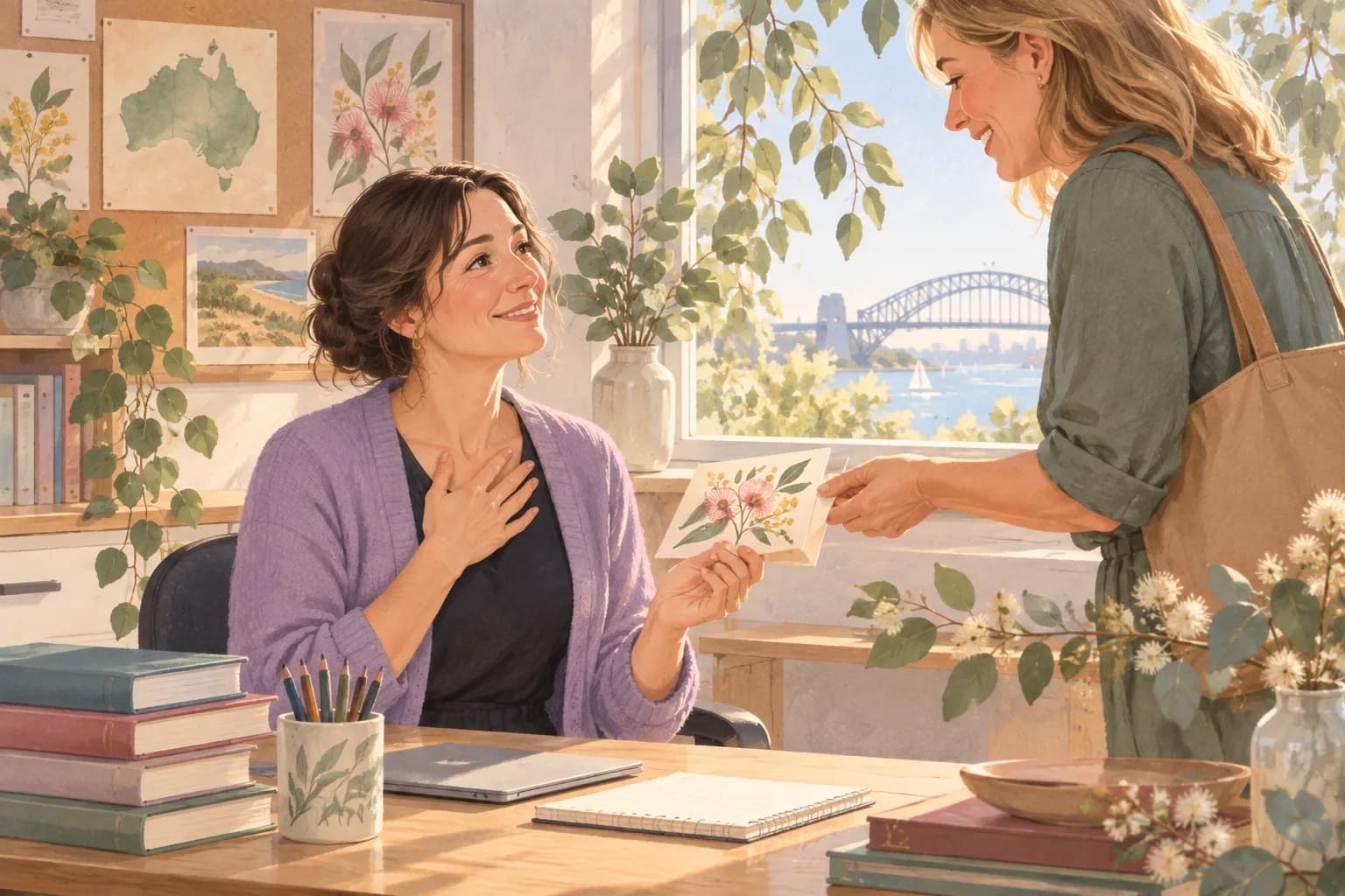 Illustration of an adult parent giving a thank-you card to a teacher at a sunlit desk