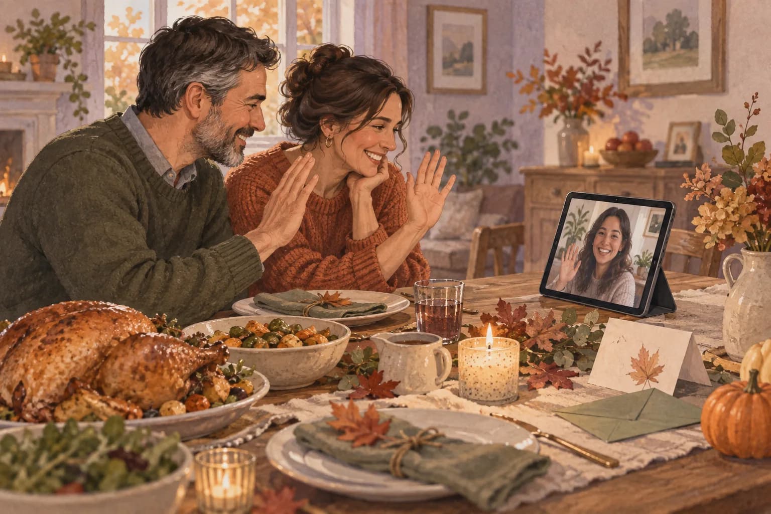 Illustration of a family sharing an autumn meal with a relative joining on a tablet