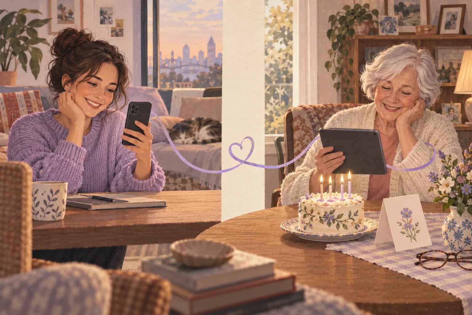 Illustration of an adult daughter and her mother celebrating a birthday from separate homes